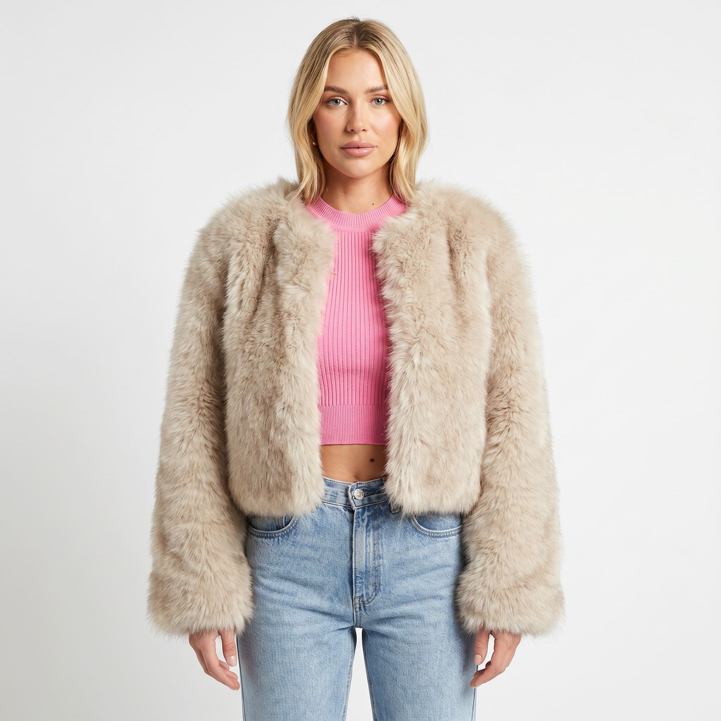 Womens Cropped Faux Fur Coat – Plush Open Front