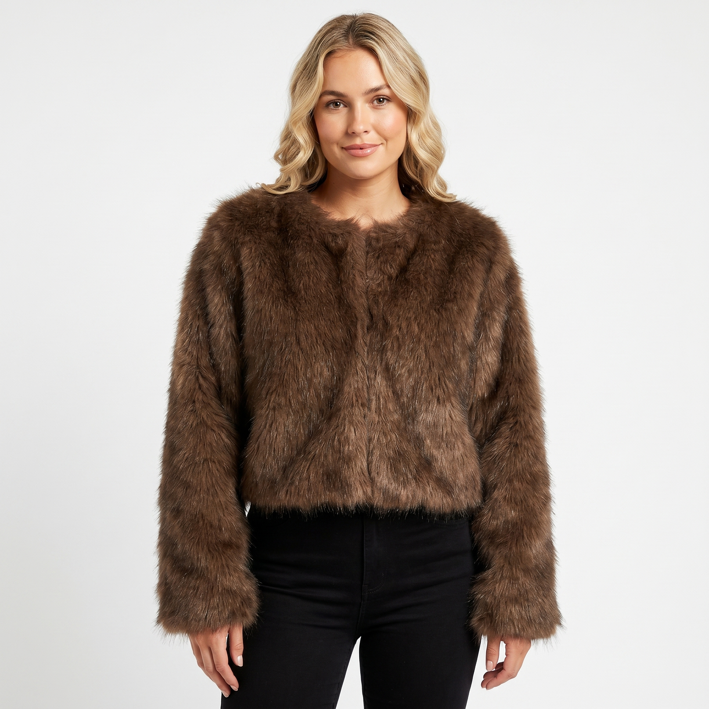 Womens Cropped Faux Fur Coat – Plush Open Front