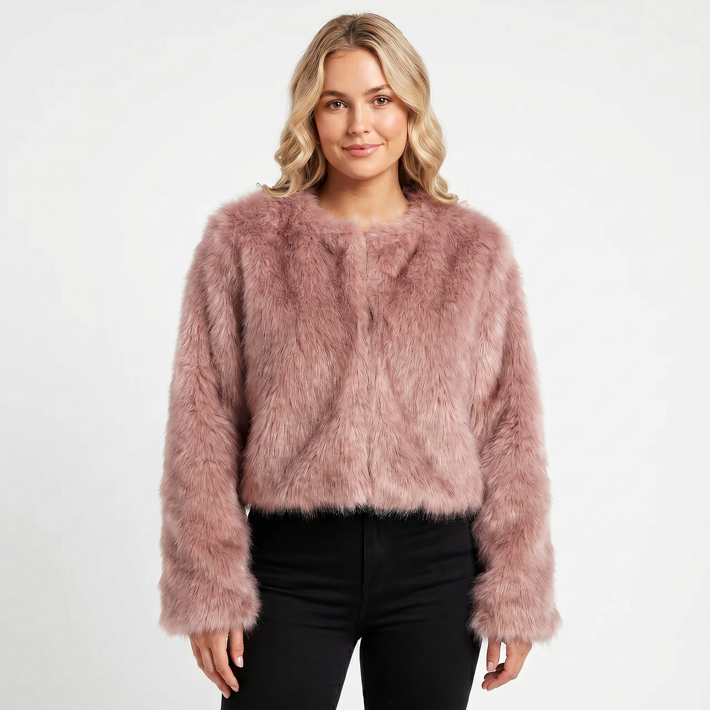 Womens Cropped Faux Fur Coat – Plush Open Front