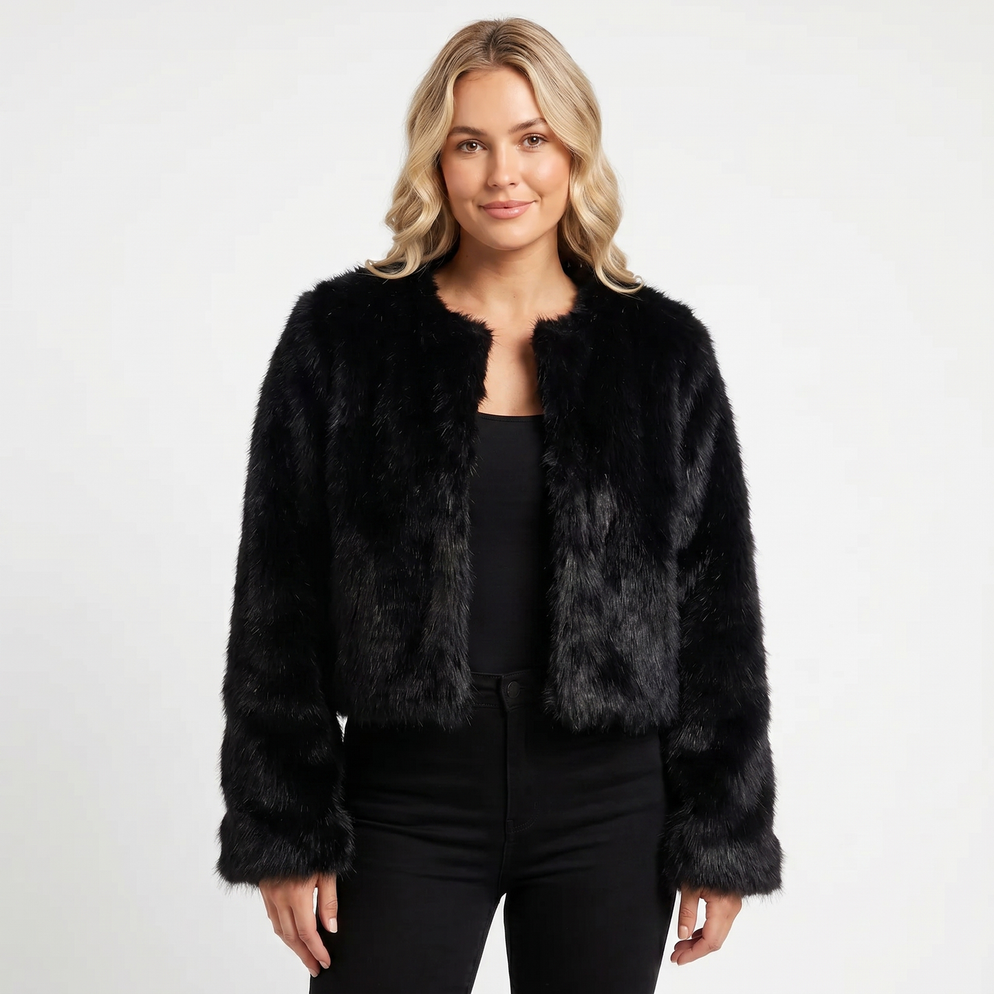 Womens Cropped Faux Fur Coat – Plush Open Front
