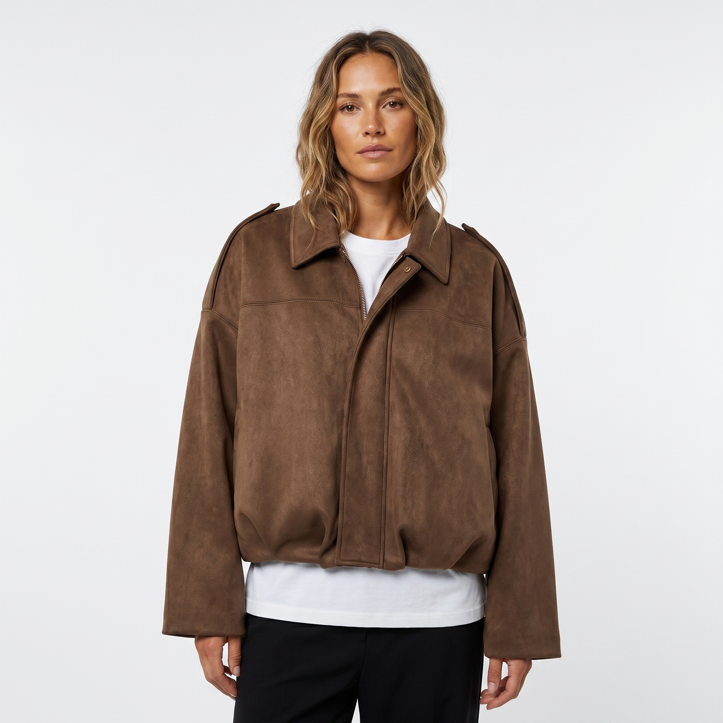 Womens Cropped Bomber Jacket – Suede Drop Shoulder