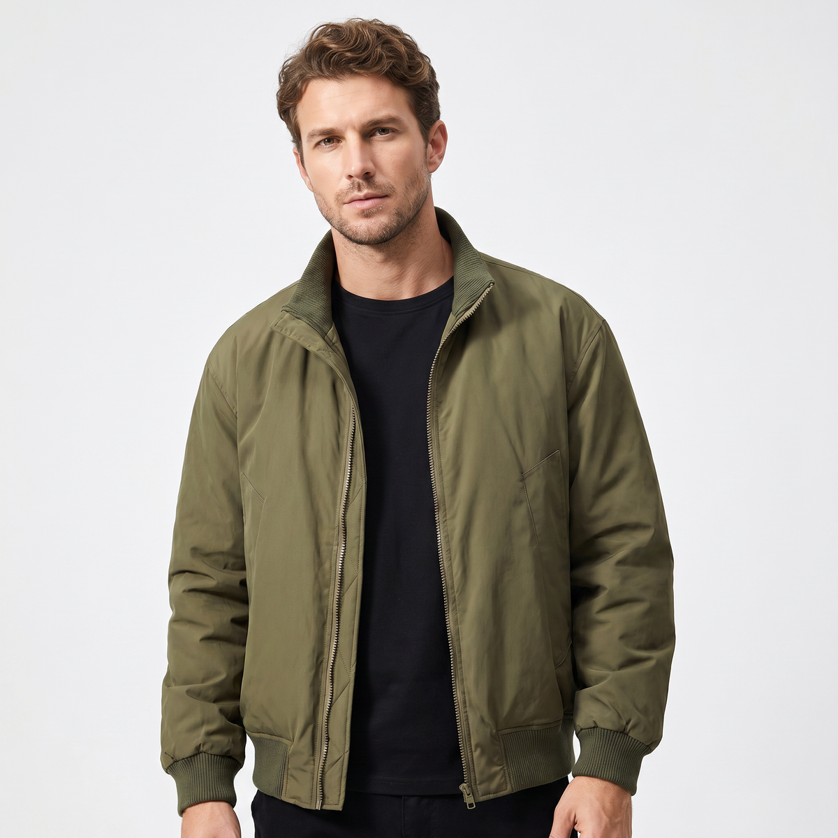 Men's Bomber Winter Jacket Padded Stand Collar Flight Style