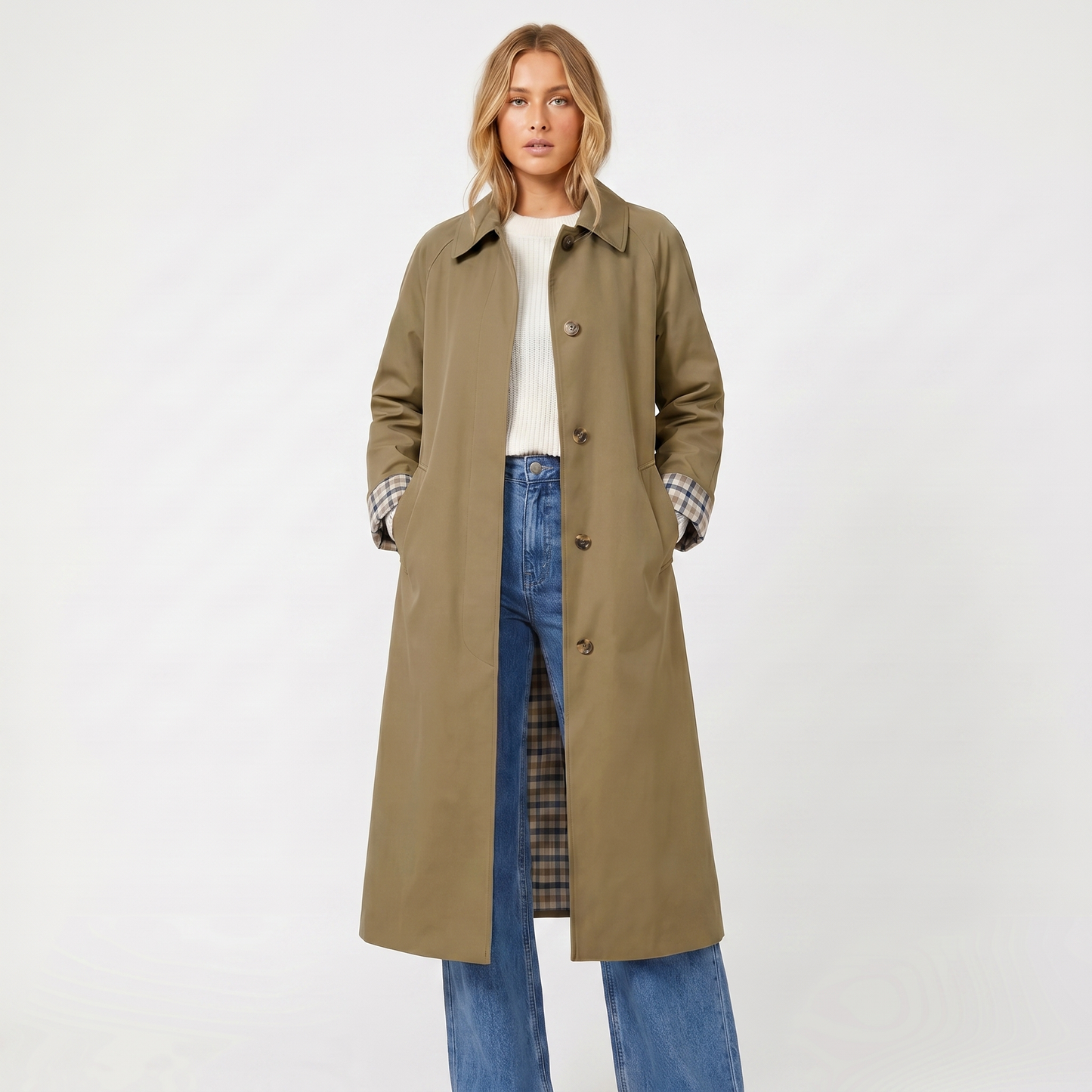 Check-Lined Single-Breasted Trench Coat