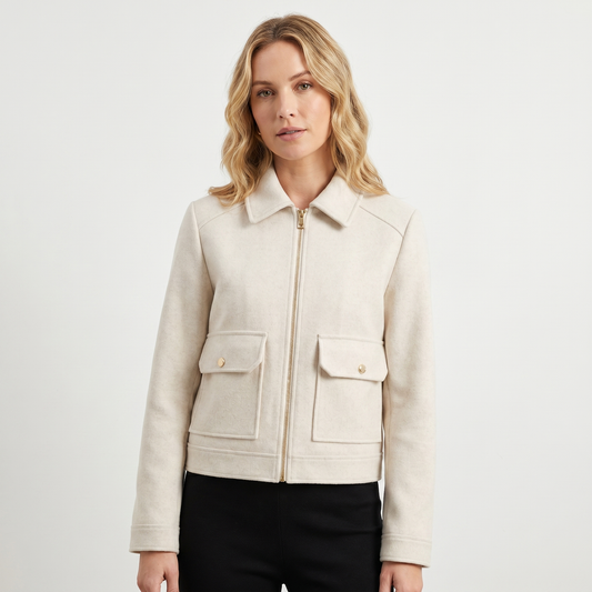 Women's Wool Jacket – Cropped Zip-Up Point Collar Gold Hardware