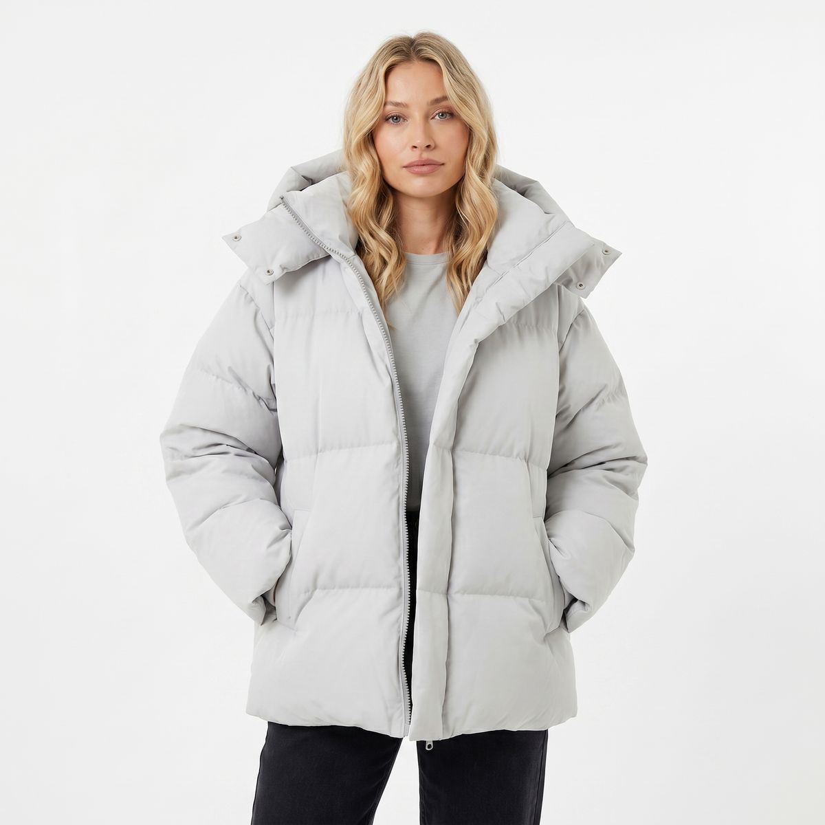 Women's Puffer Winter Jacket Oversized Hooded Baffle Channel Hip Length