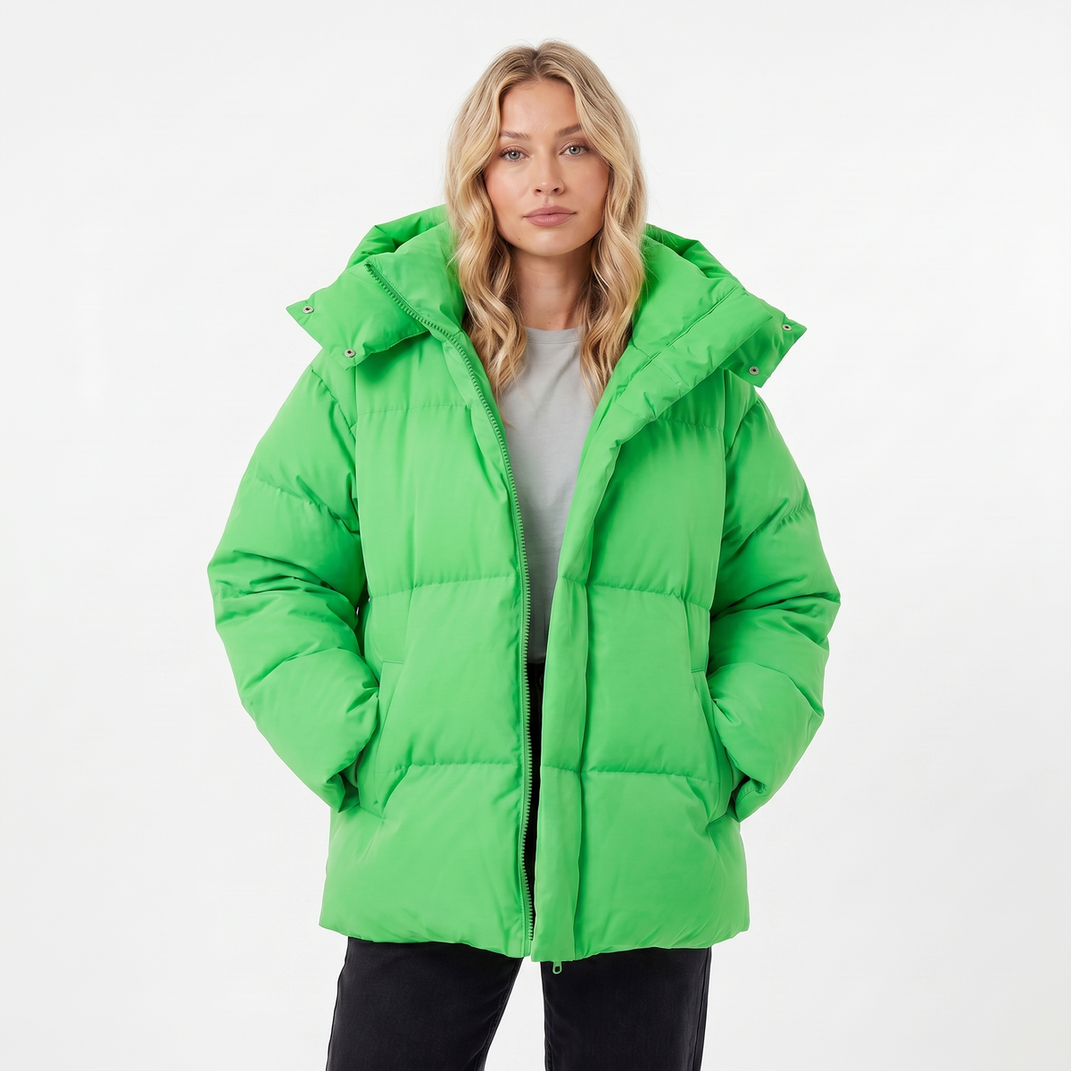 Women's Puffer Winter Jacket Oversized Hooded Baffle Channel Hip Length