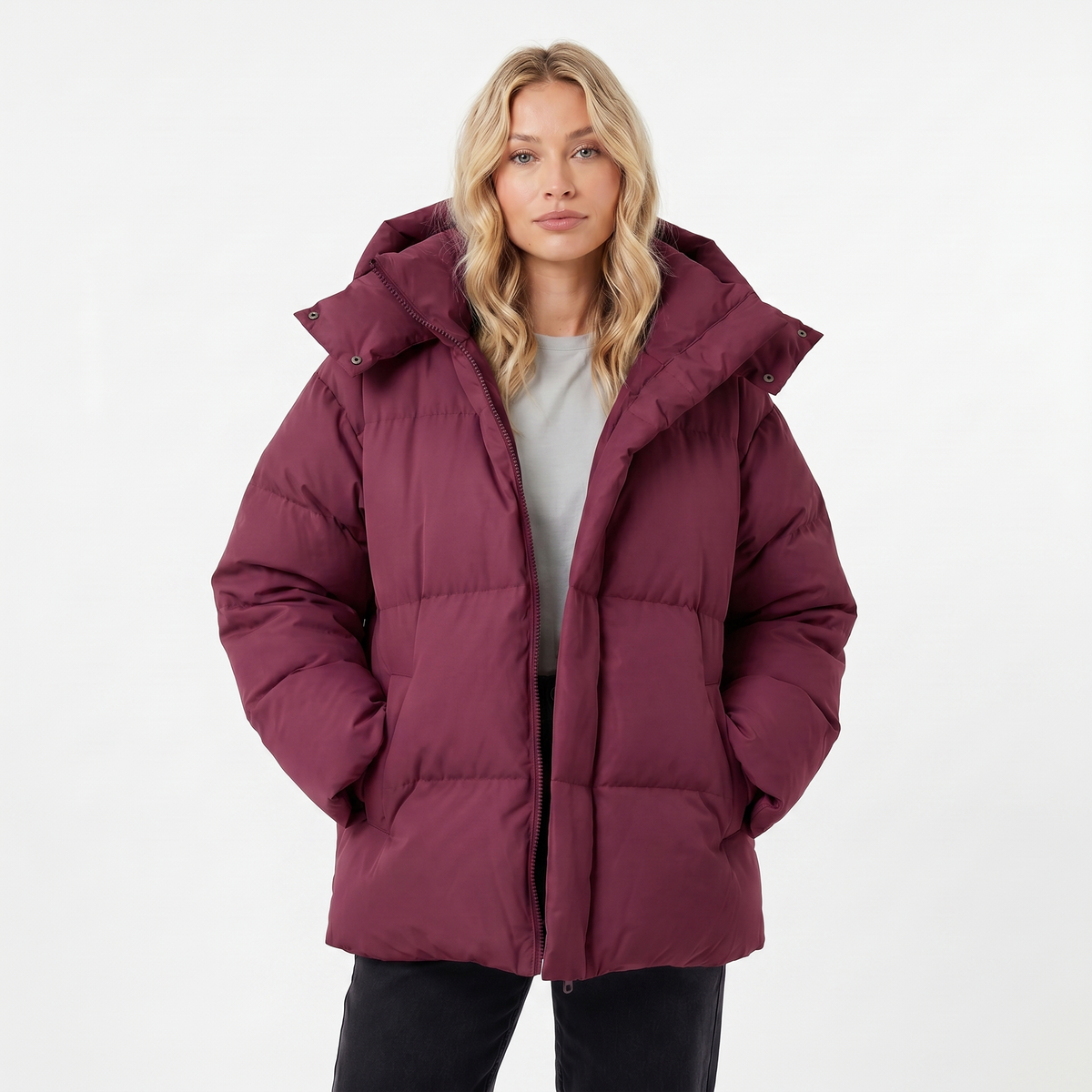 Women's Puffer Winter Jacket Oversized Hooded Baffle Channel Hip Length