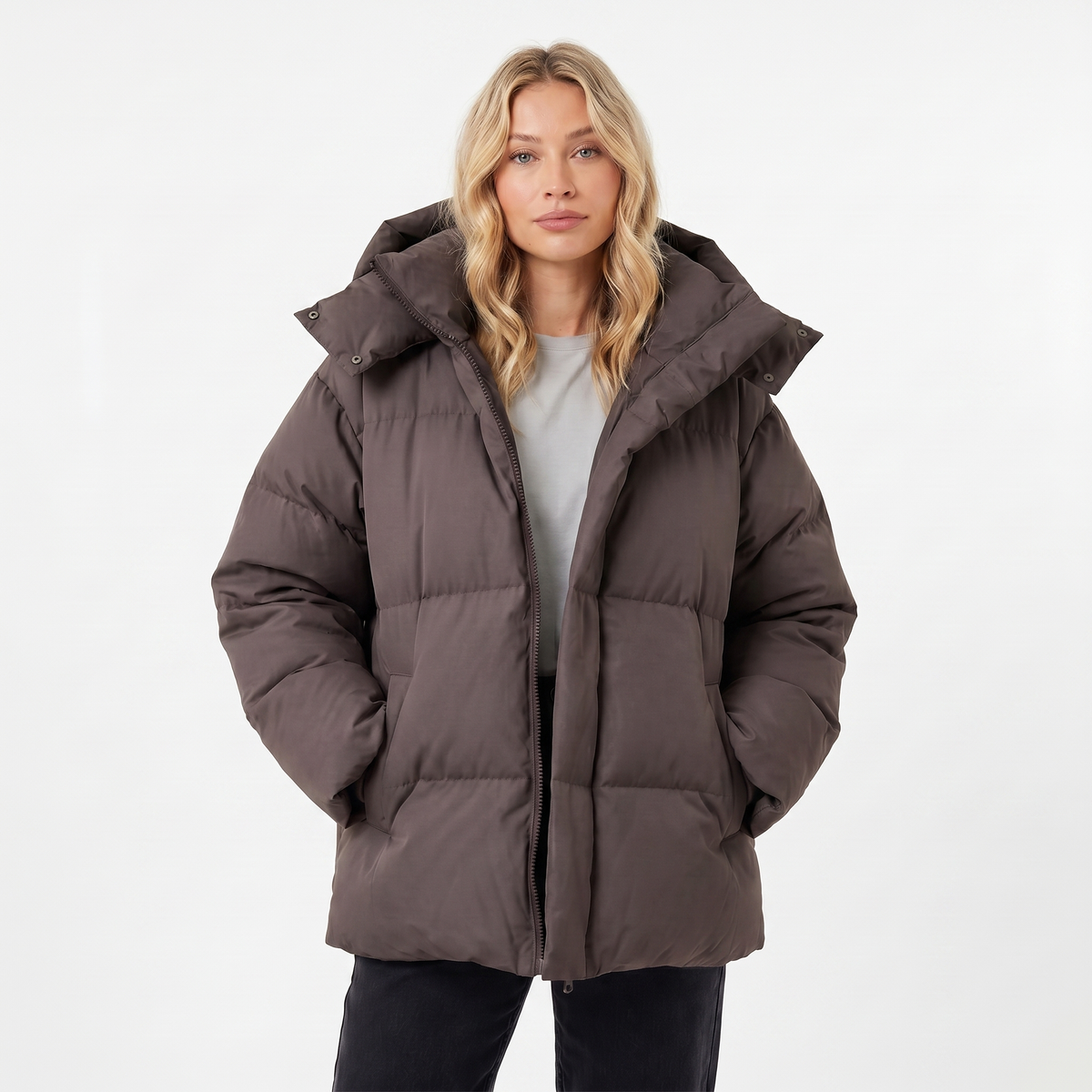 Women's Puffer Winter Jacket Oversized Hooded Baffle Channel Hip Length