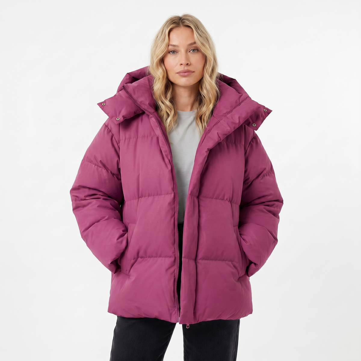 Women's Puffer Winter Jacket Oversized Hooded Baffle Channel Hip Length