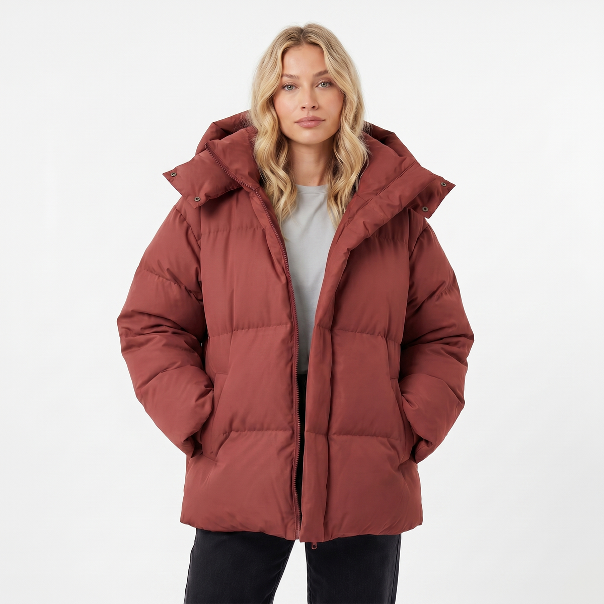 Women's Puffer Winter Jacket Oversized Hooded Baffle Channel Hip Length