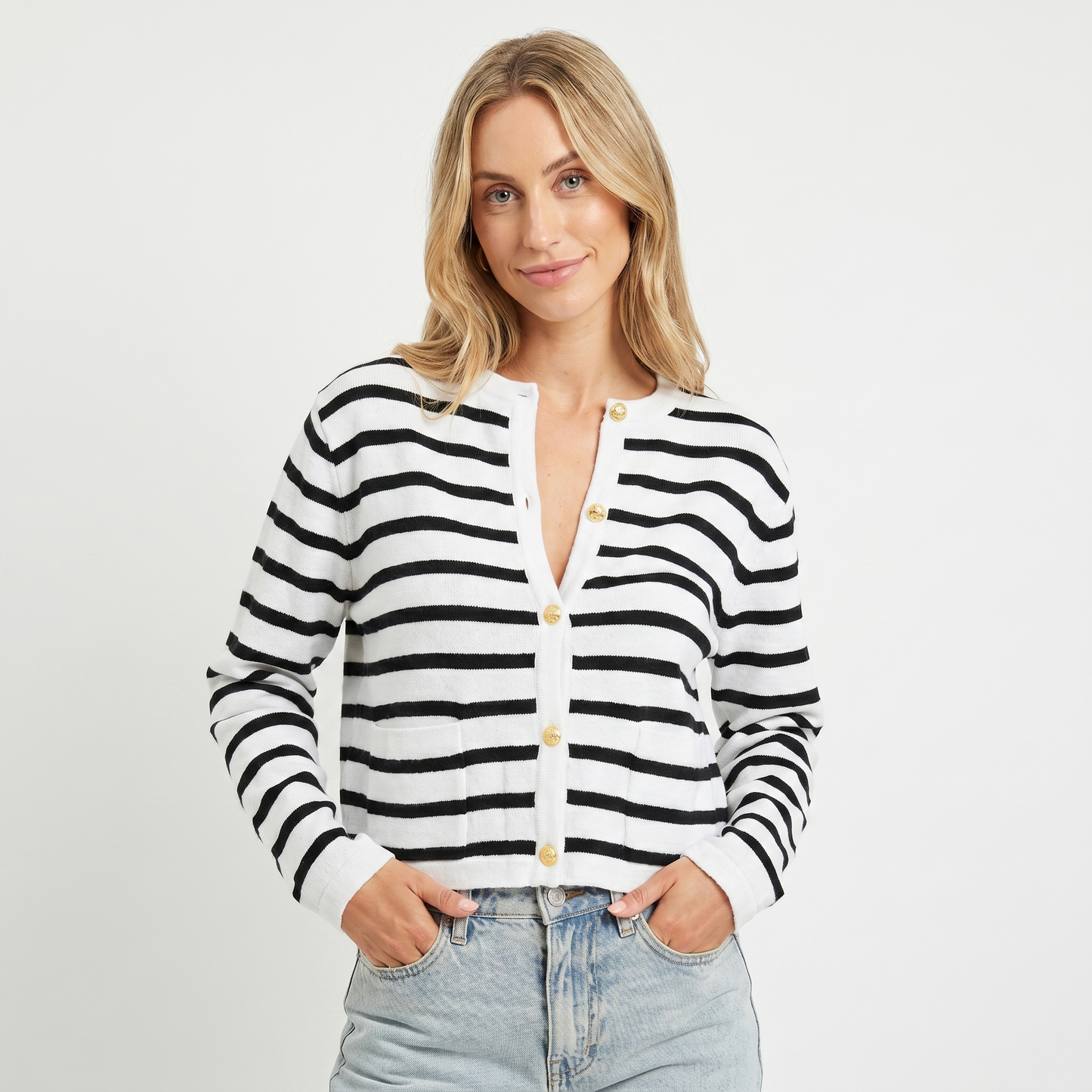 Women's Cropped Cardigan – Stripe Knit Gold Button Crew Neck