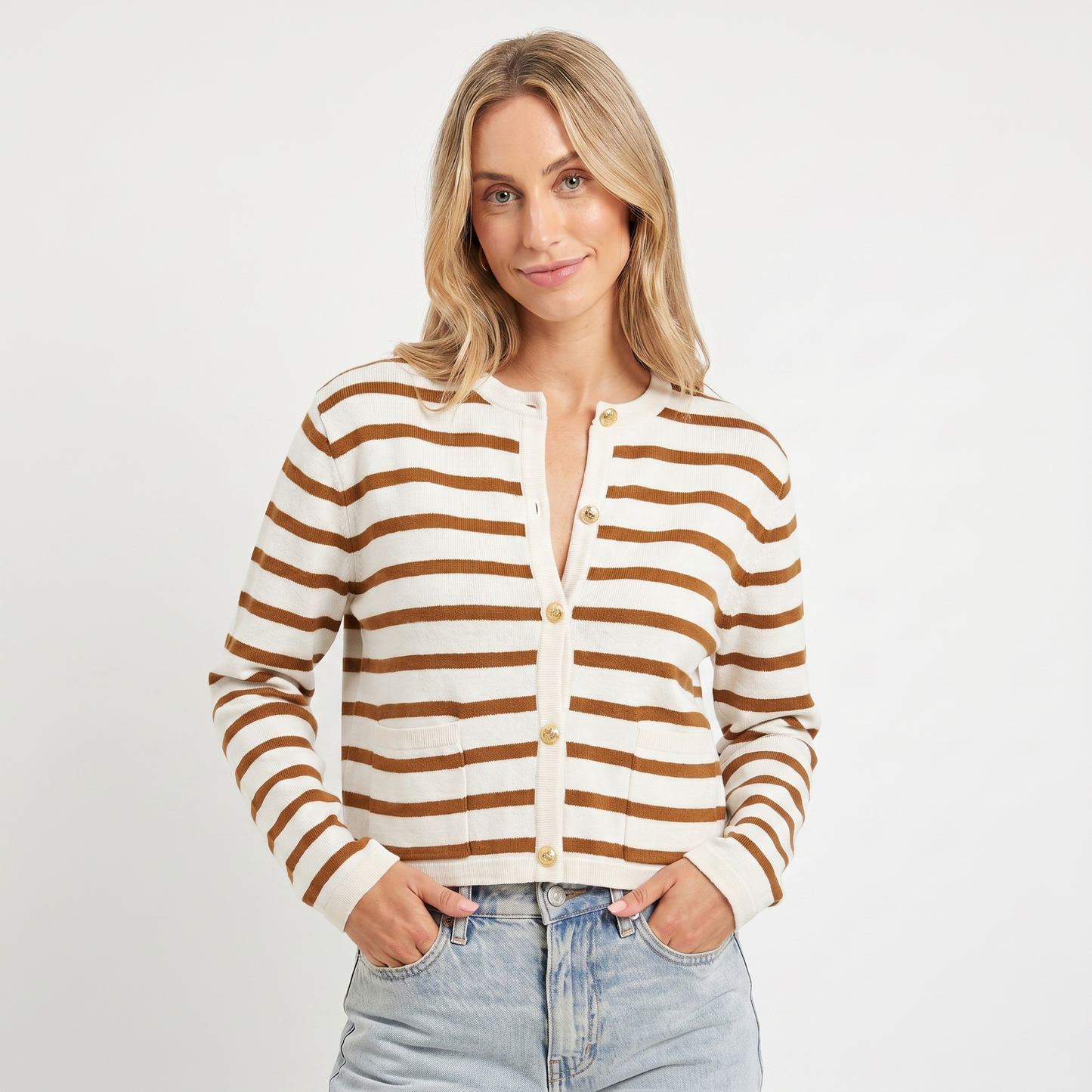 Women's Cropped Cardigan – Stripe Knit Gold Button Crew Neck