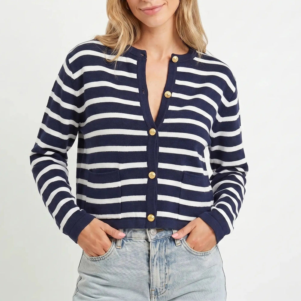Women's Cropped Cardigan – Stripe Knit Gold Button Crew Neck Oxford and Hill