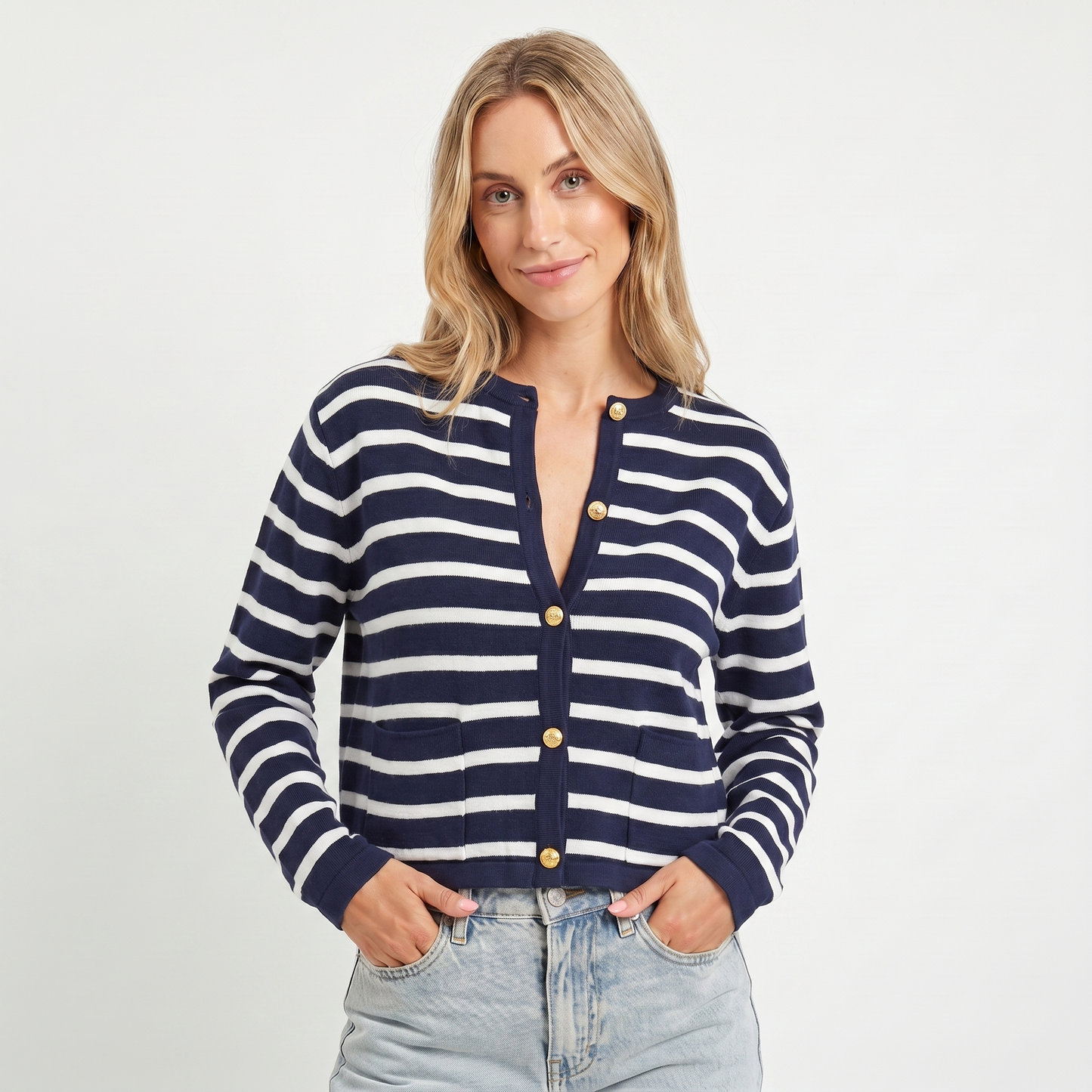 Women's Cropped Cardigan – Stripe Knit Gold Button Crew Neck
