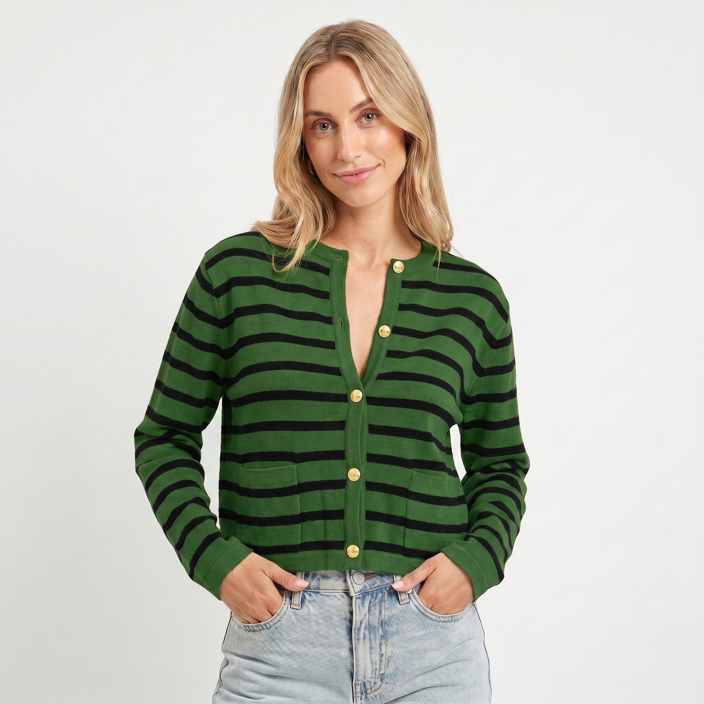 Women's Cropped Cardigan – Stripe Knit Gold Button Crew Neck