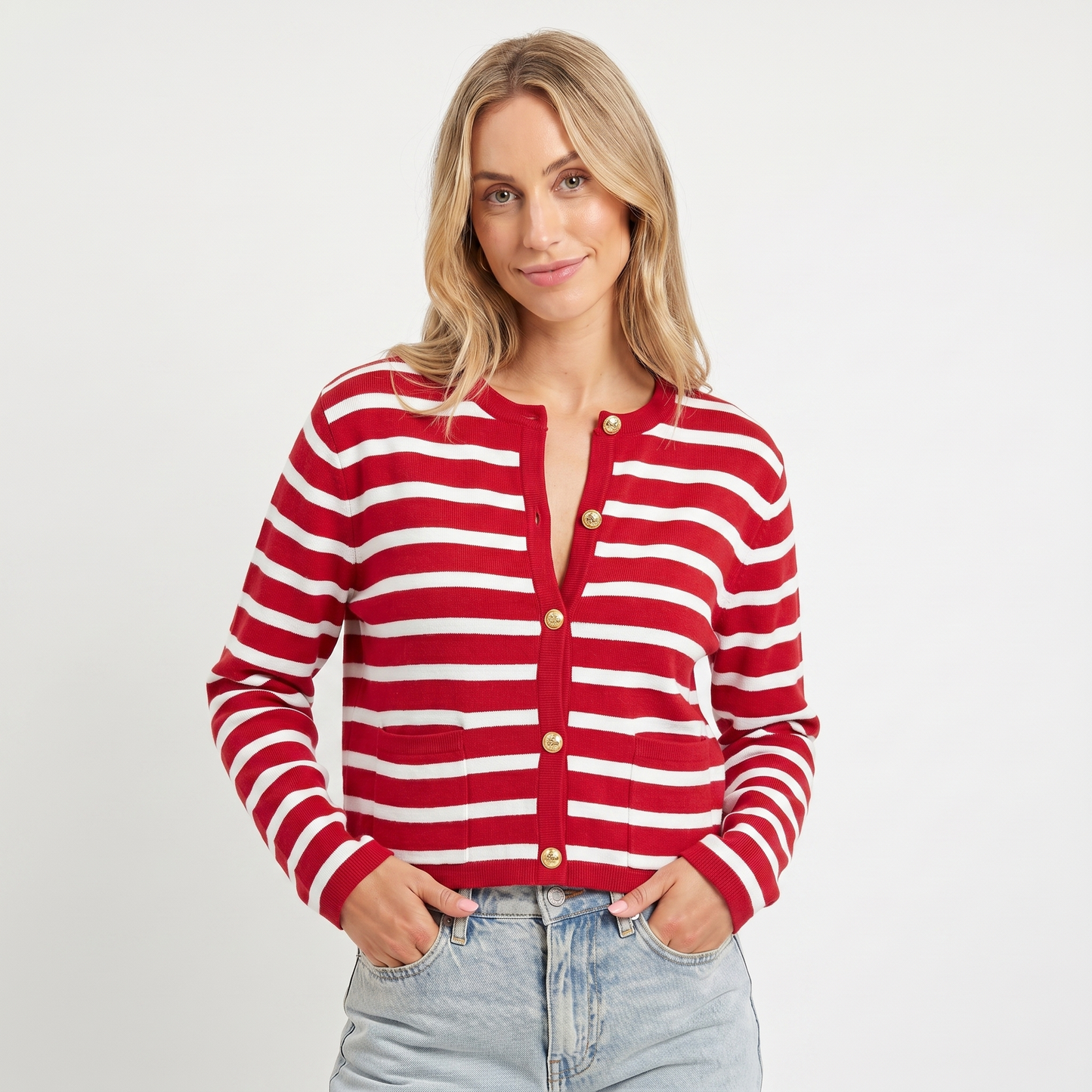 Women's Cropped Cardigan – Stripe Knit Gold Button Crew Neck