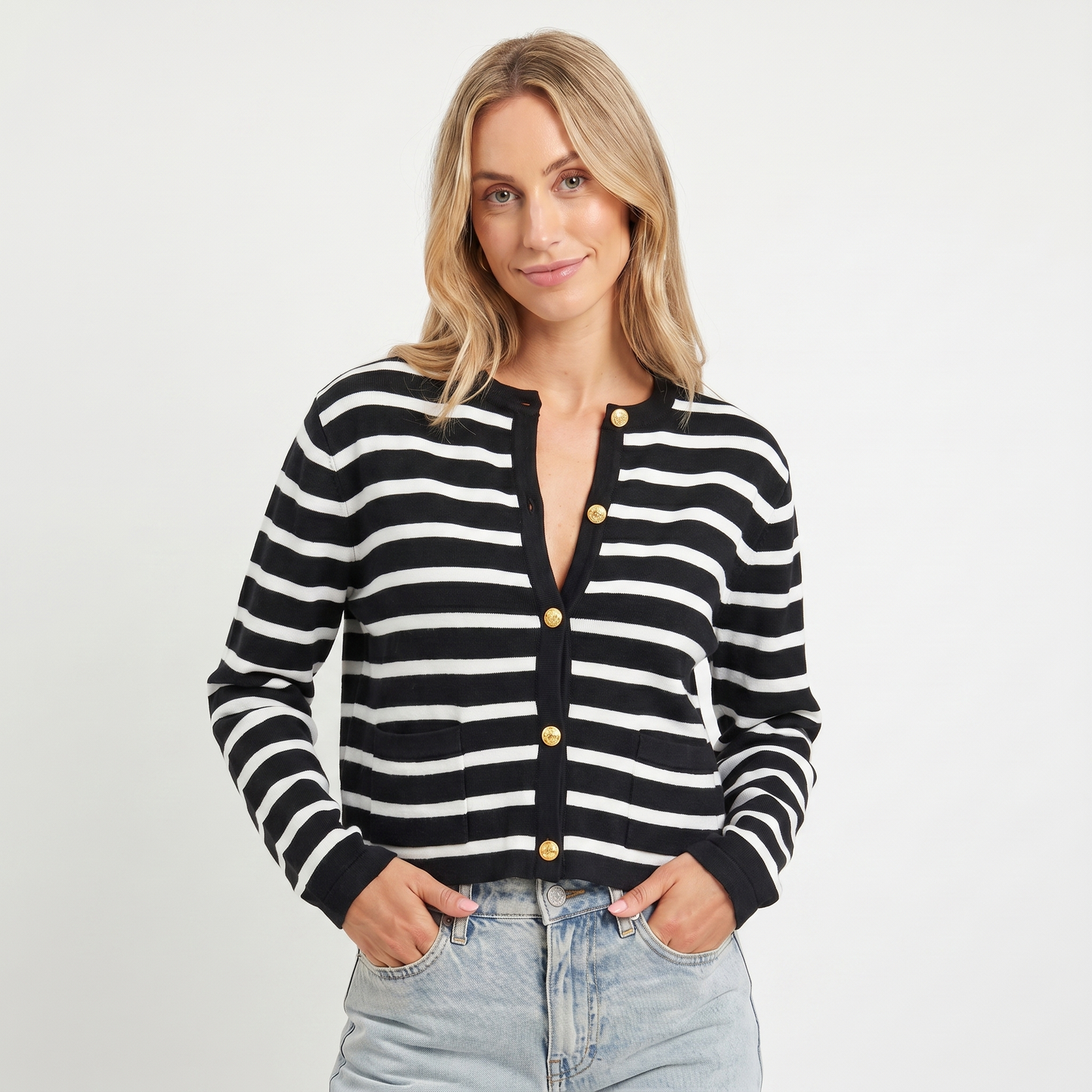 Women's Cropped Cardigan – Stripe Knit Gold Button Crew Neck