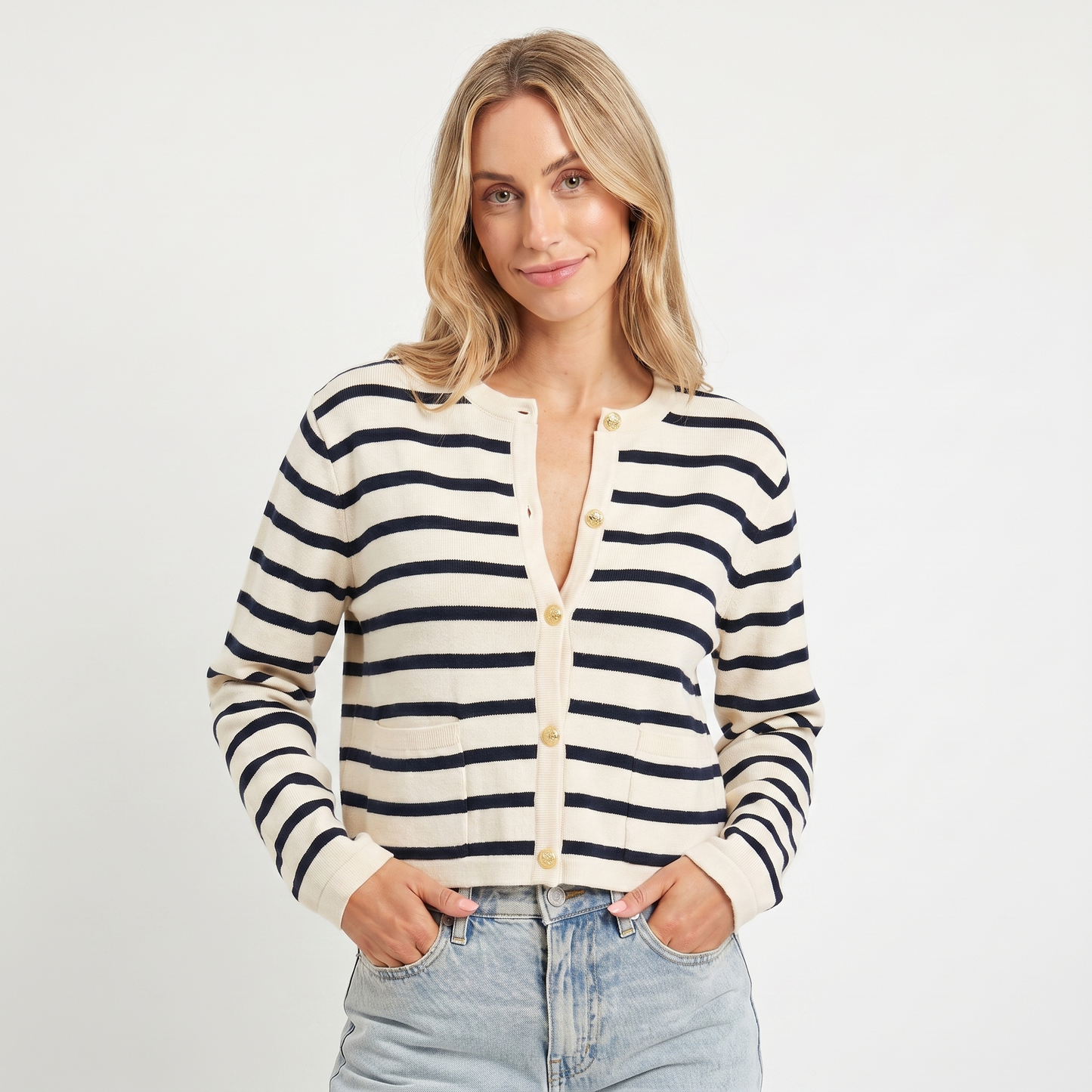 Women's Cropped Cardigan – Stripe Knit Gold Button Crew Neck