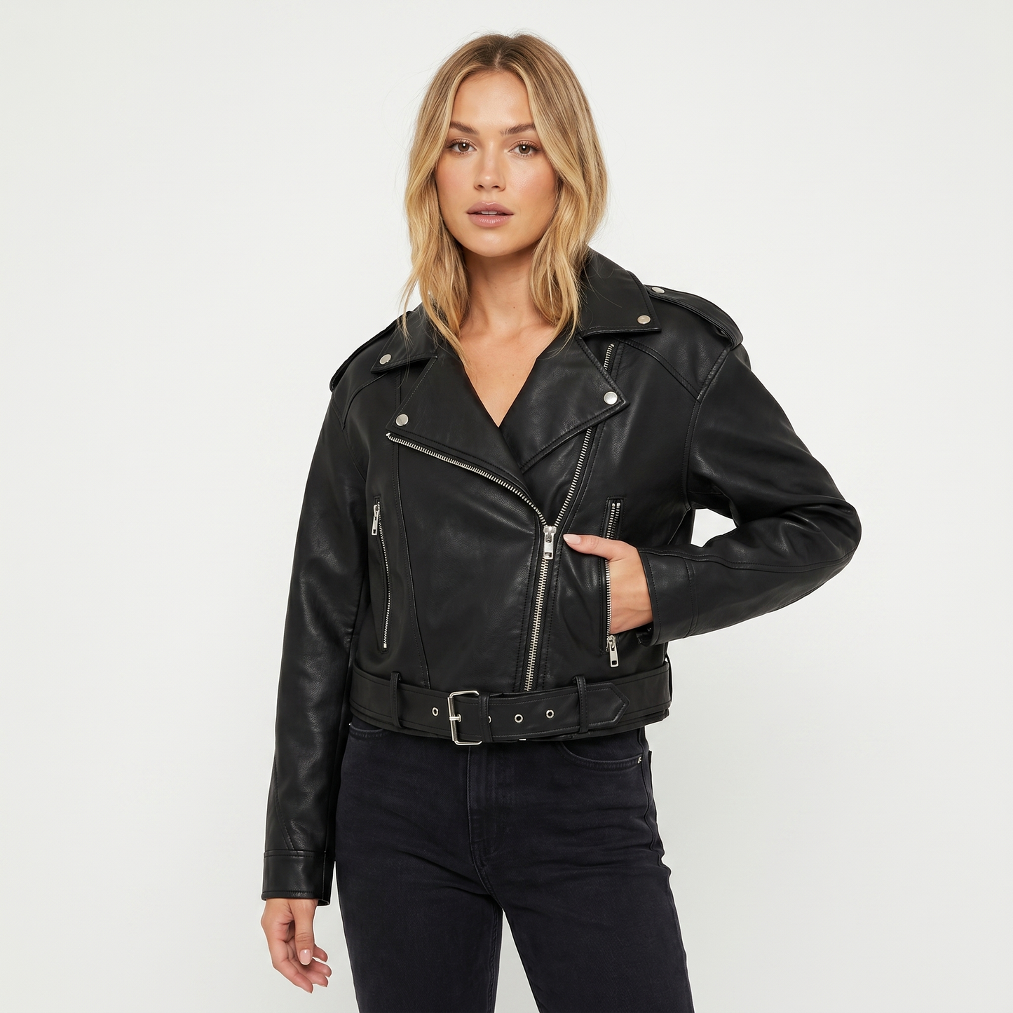 Women's Biker Jacket – Belted Biker Asymmetric Zip Silver Hardware