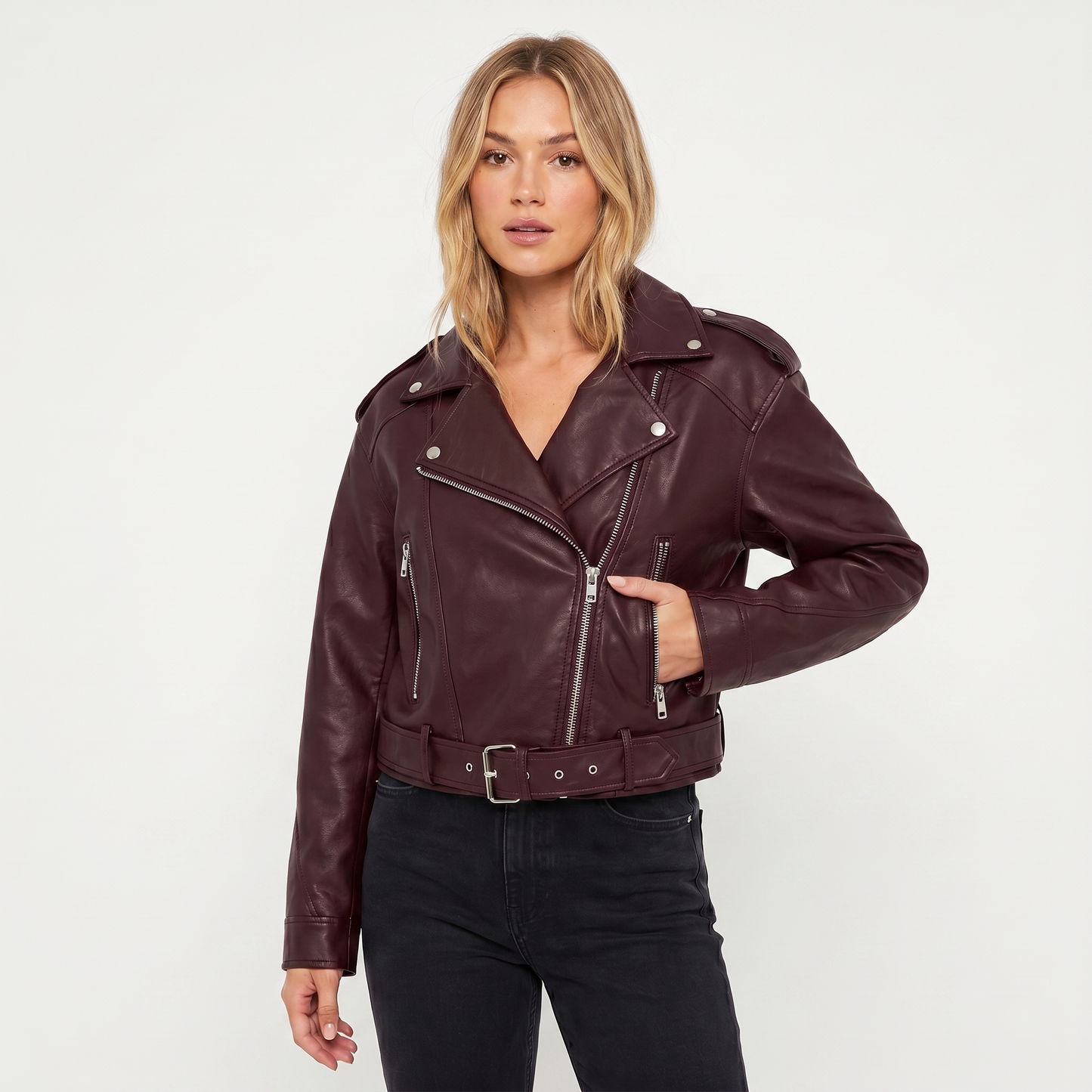Women's Biker Jacket – Belted Biker Asymmetric Zip Silver Hardware