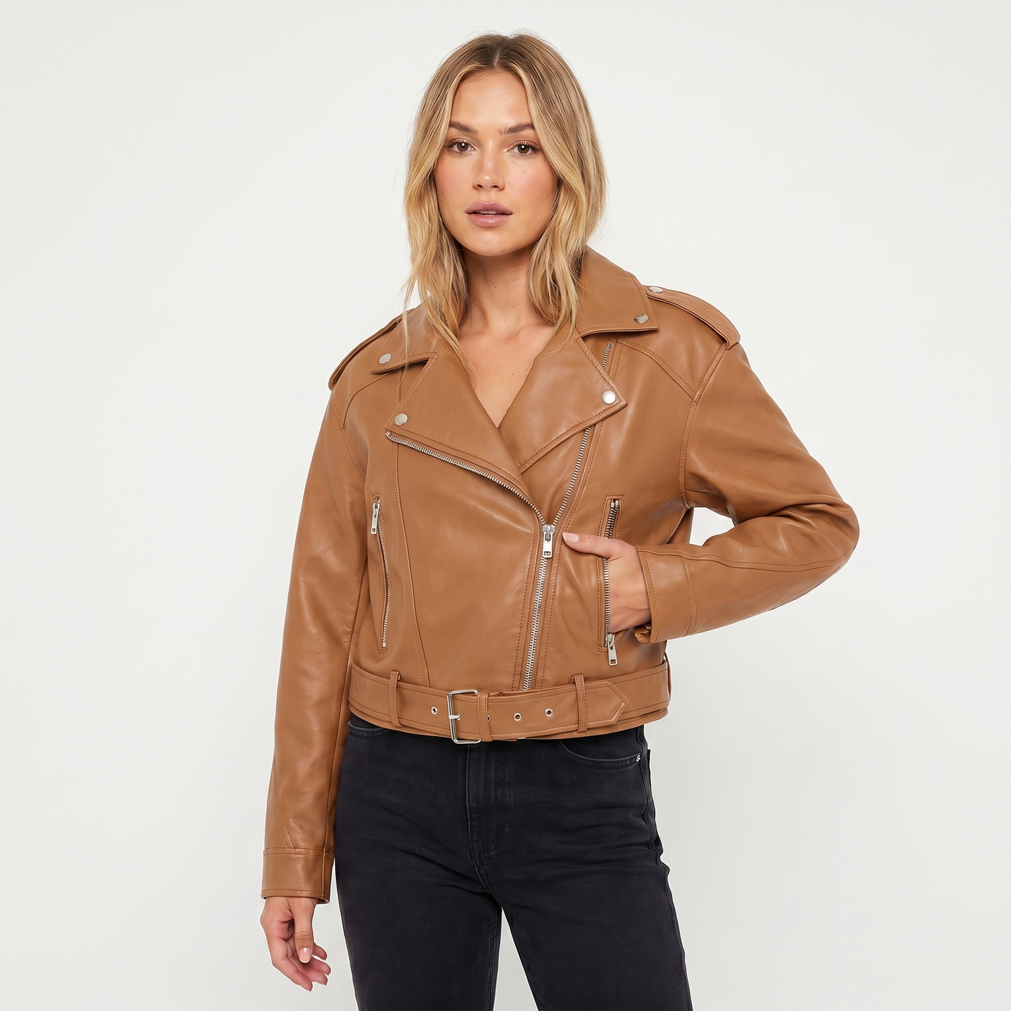Women's Biker Jacket – Belted Biker Asymmetric Zip Silver Hardware