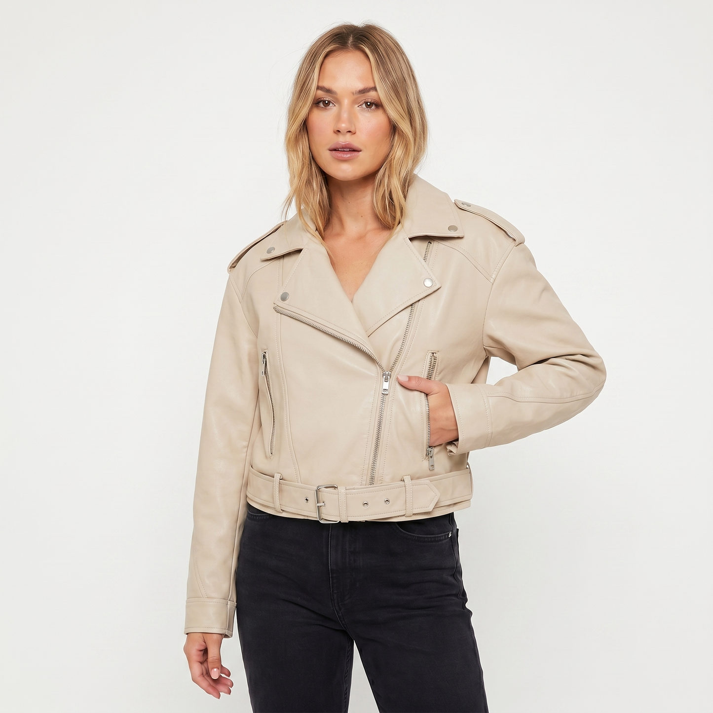 Women's Biker Jacket – Belted Biker Asymmetric Zip Silver Hardware