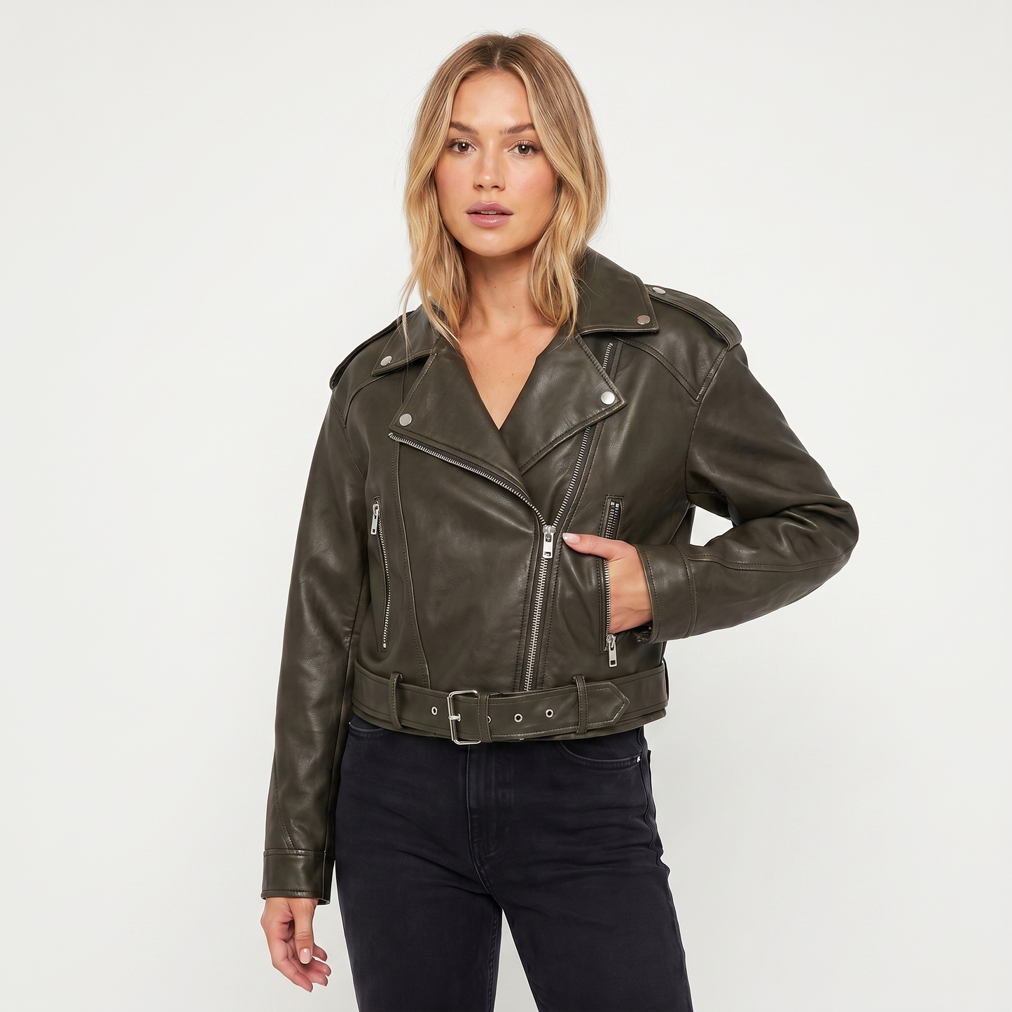 Women's Biker Jacket – Belted Biker Asymmetric Zip Silver Hardware