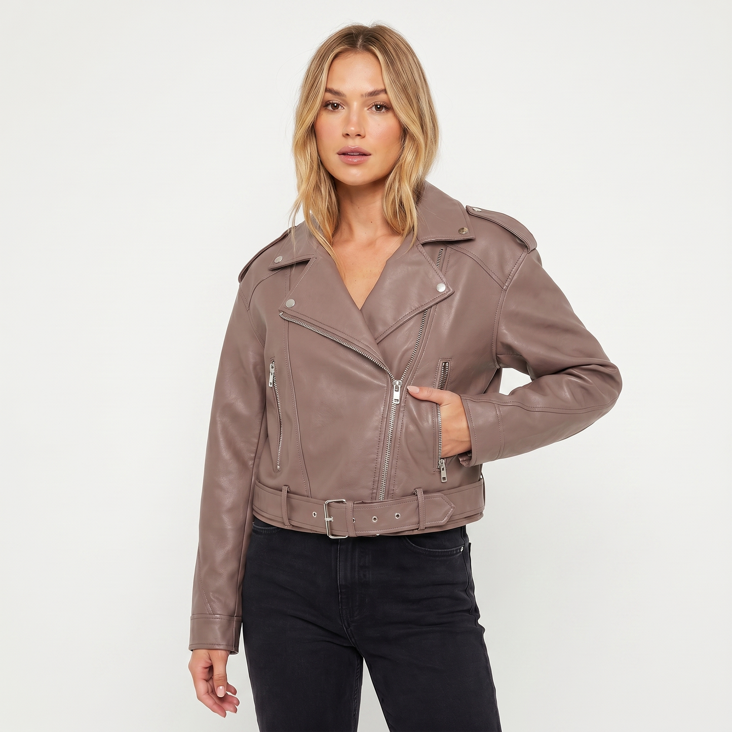 Women's Biker Jacket – Belted Biker Asymmetric Zip Silver Hardware