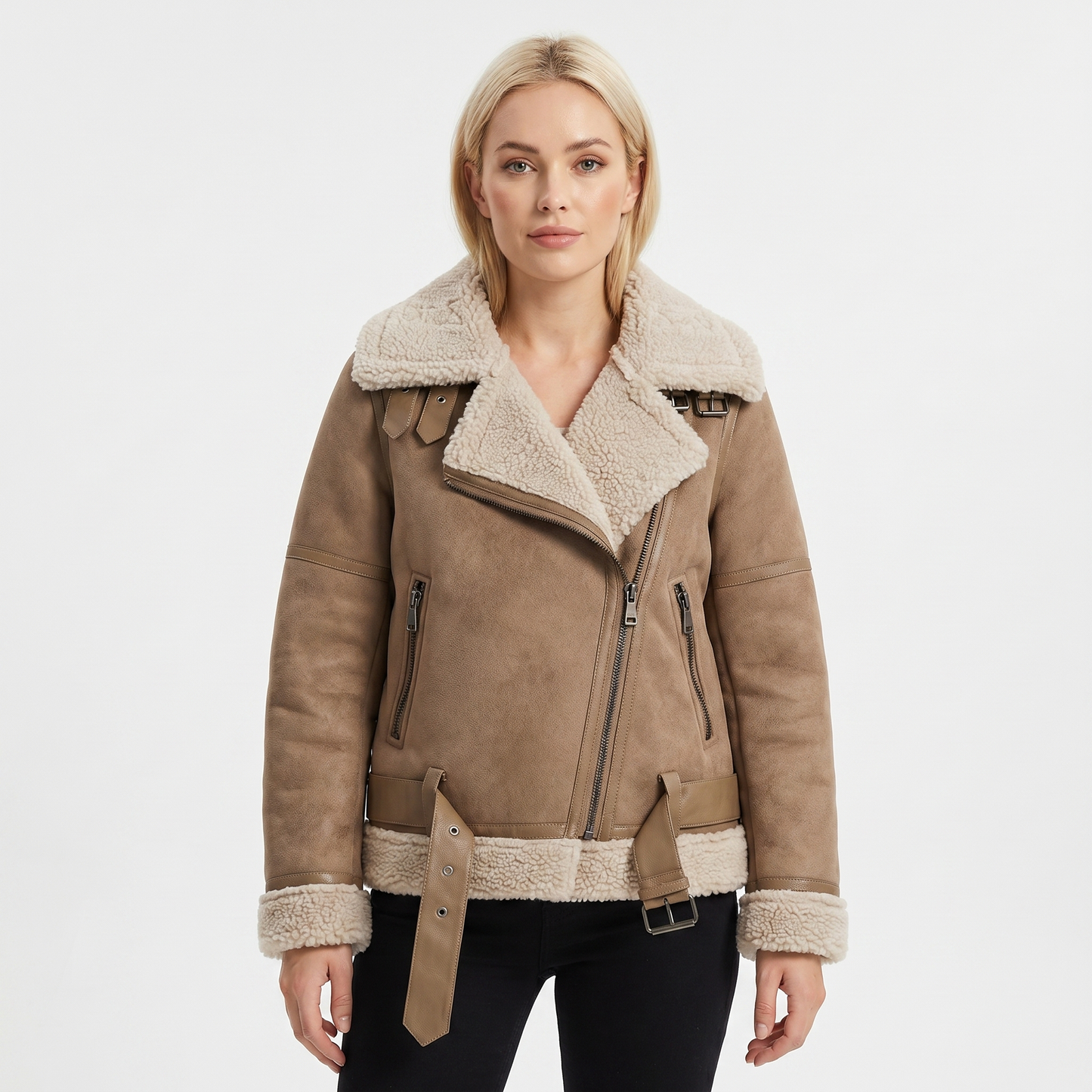 Women's Suede Jacket – Shearling-Lined Aviator Biker Belted