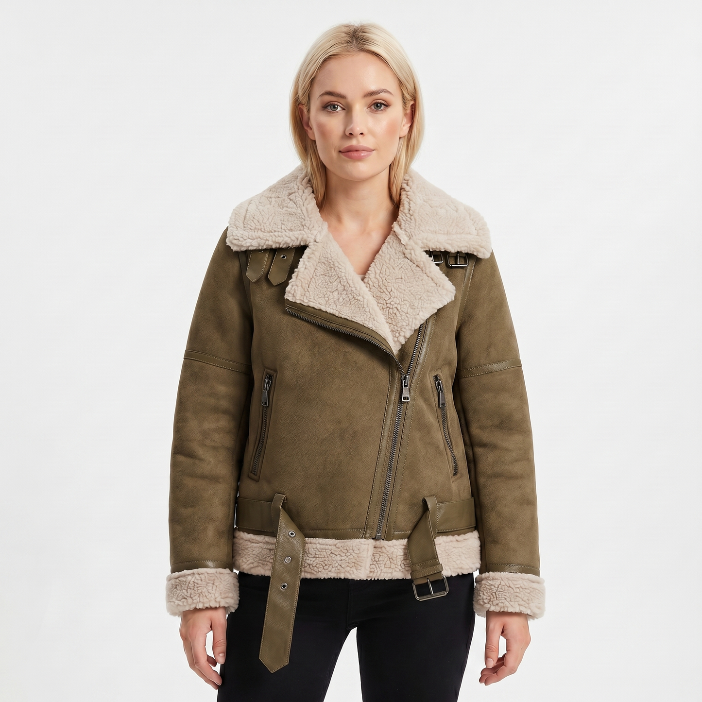 Women's Suede Jacket – Shearling-Lined Aviator Biker Belted