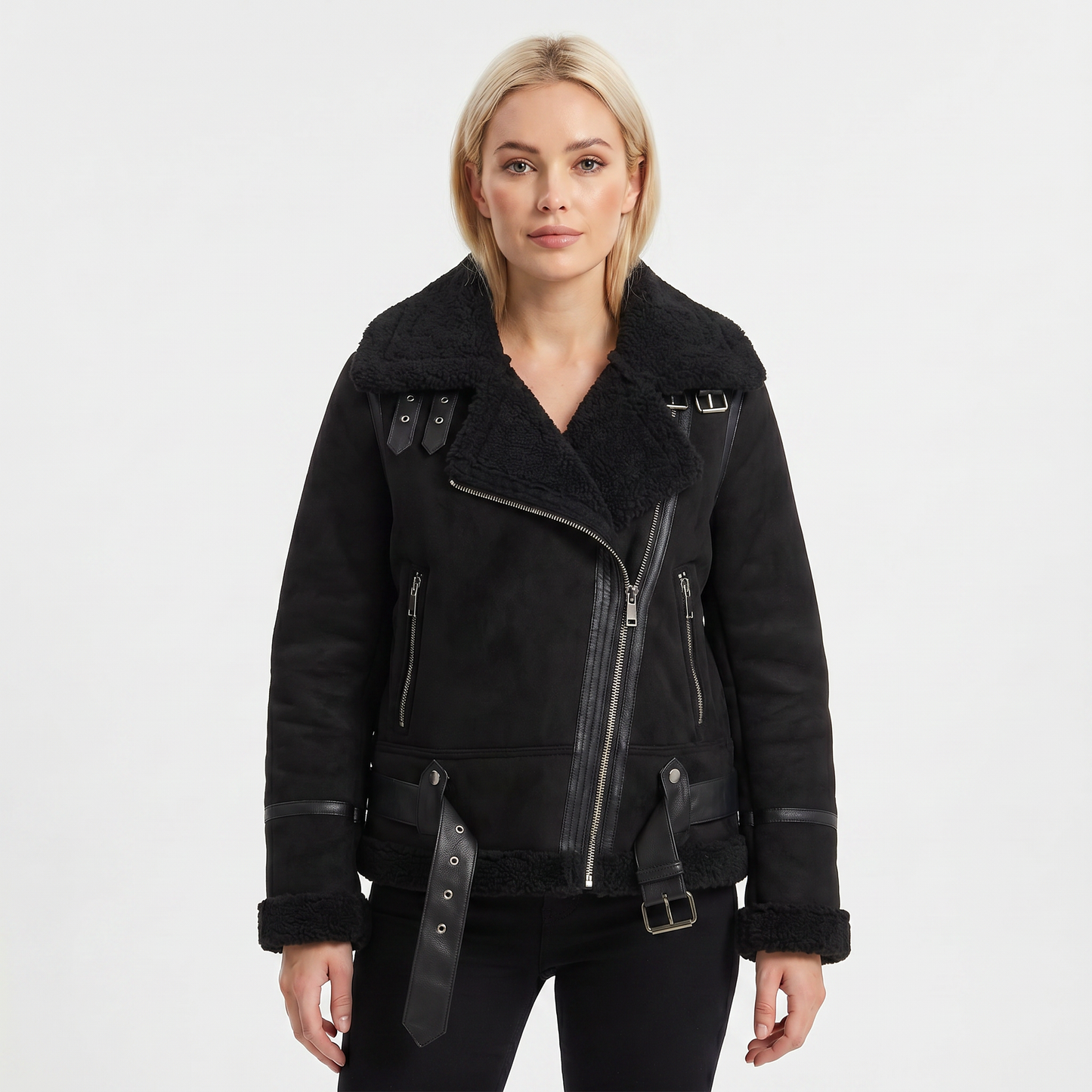 Women's Suede Jacket – Shearling-Lined Aviator Biker Belted