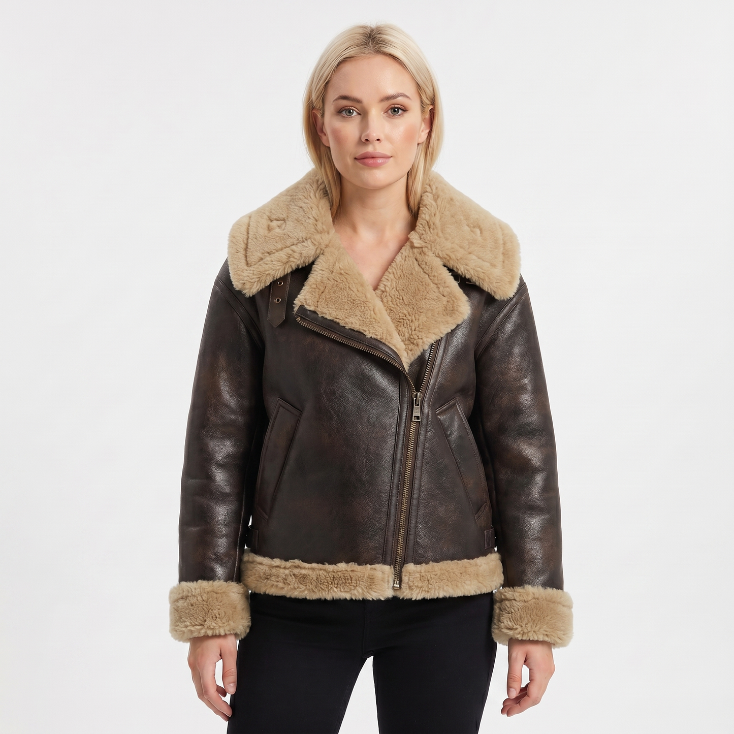 Women's Suede Jacket – Shearling-Lined Aviator Biker Belted