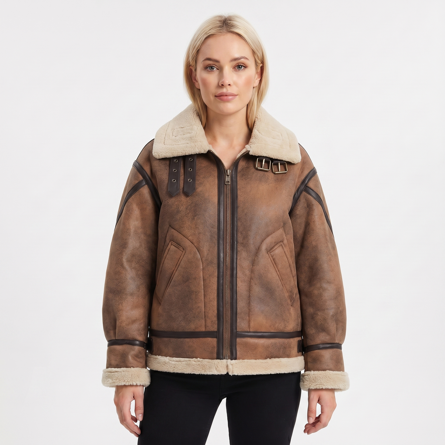 Women's Suede Jacket – Shearling-Lined Aviator Biker Belted