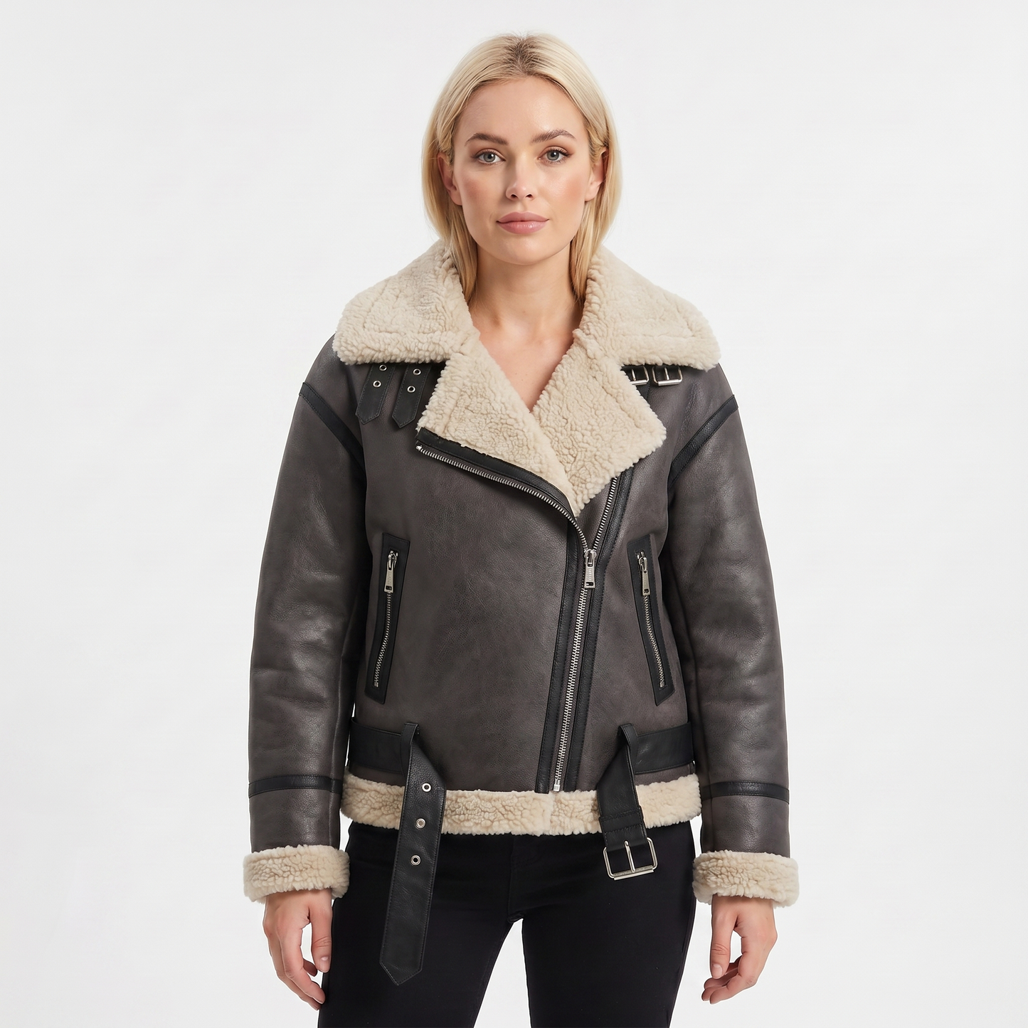 Women's Suede Jacket – Shearling-Lined Aviator Biker Belted