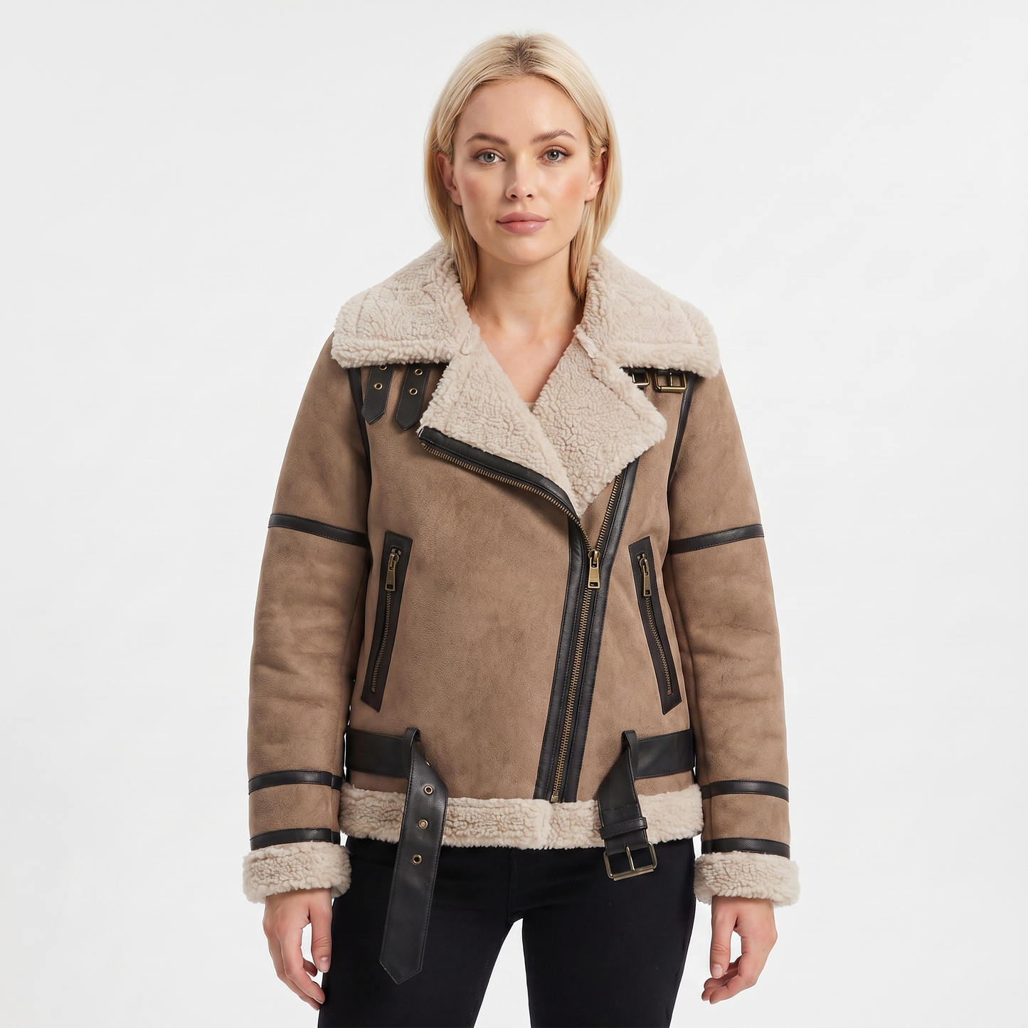 Women's Suede Jacket – Shearling-Lined Aviator Biker Belted