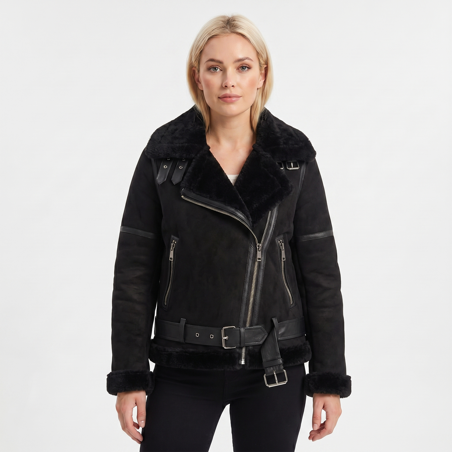 Women's Suede Jacket – Shearling-Lined Aviator Biker Belted