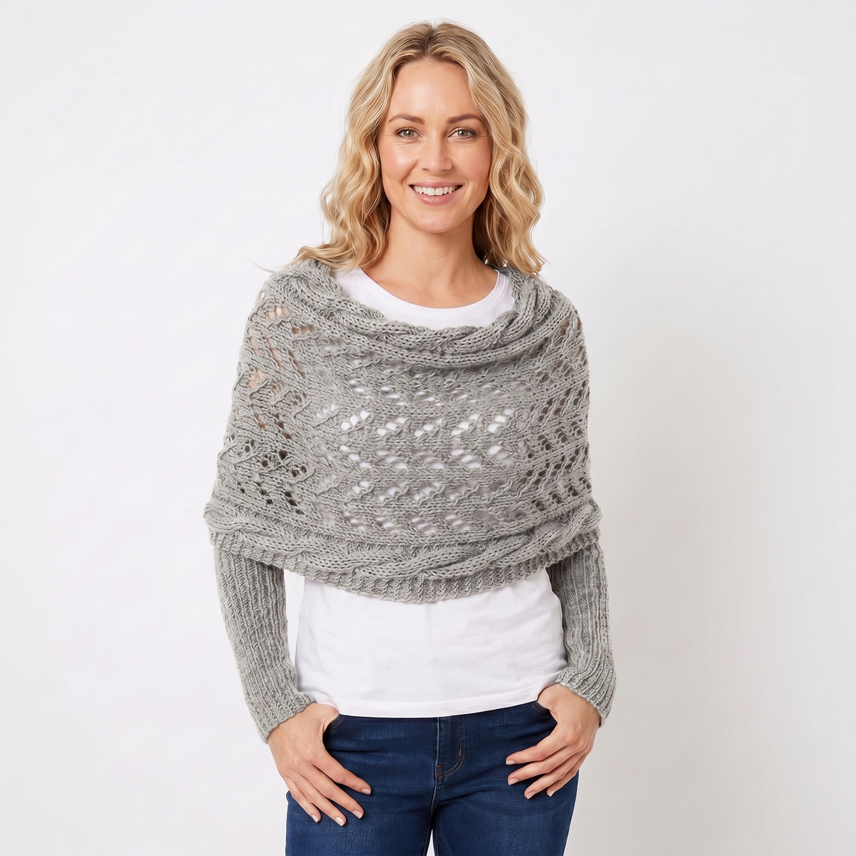 Women's Knit Shawl Open Lace Stitch Shoulder Wrap Ribbed Trim Winter
