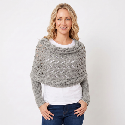 Women's Knit Shawl Open Lace Stitch Shoulder Wrap Ribbed Trim Winter