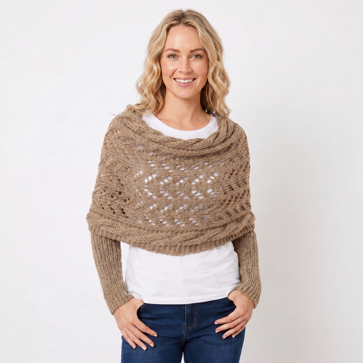 Women's Knit Shawl Open Lace Stitch Shoulder Wrap Ribbed Trim Winter