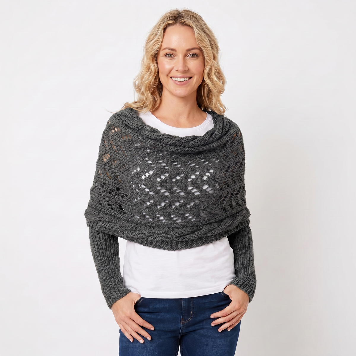 Women's Knit Shawl Open Lace Stitch Shoulder Wrap Ribbed Trim Winter