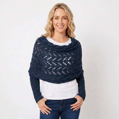 Women's Knit Shawl Open Lace Stitch Shoulder Wrap Ribbed Trim Winter