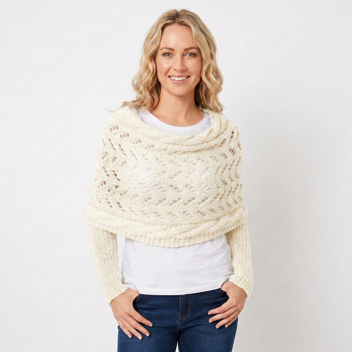 Women's Knit Shawl Open Lace Stitch Shoulder Wrap Ribbed Trim Winter