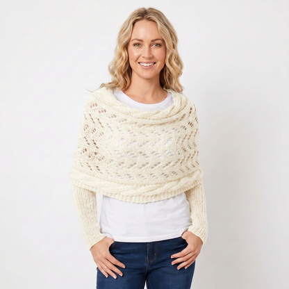 Women's Knit Shawl Open Lace Stitch Shoulder Wrap Ribbed Trim Winter