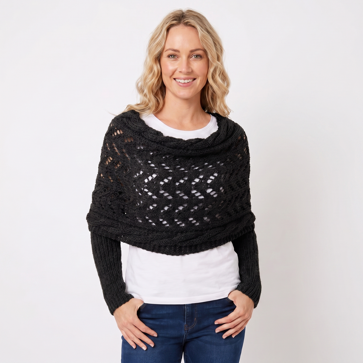 Women's Knit Shawl Open Lace Stitch Shoulder Wrap Ribbed Trim Winter
