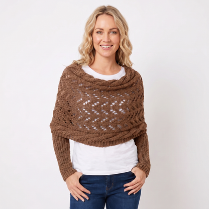 Women's Knit Shawl Open Lace Stitch Shoulder Wrap Ribbed Trim Winter