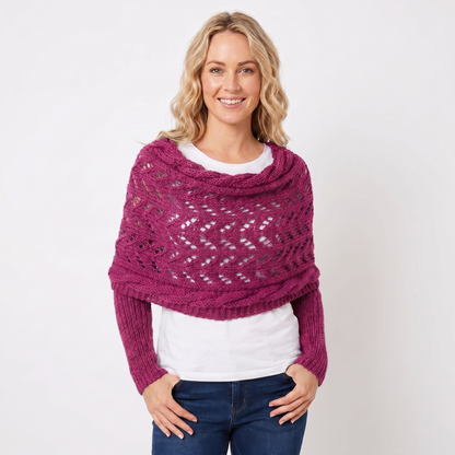 Women's Knit Shawl Open Lace Stitch Shoulder Wrap Ribbed Trim Winter