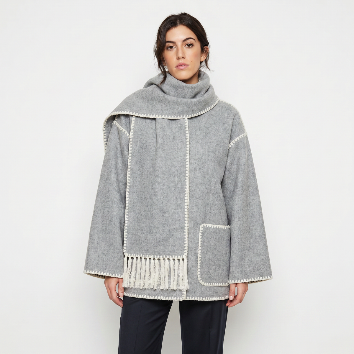 Women's Blanket Coat Wool-Look Contrast Stitch Attached Winter Scarf Tassel