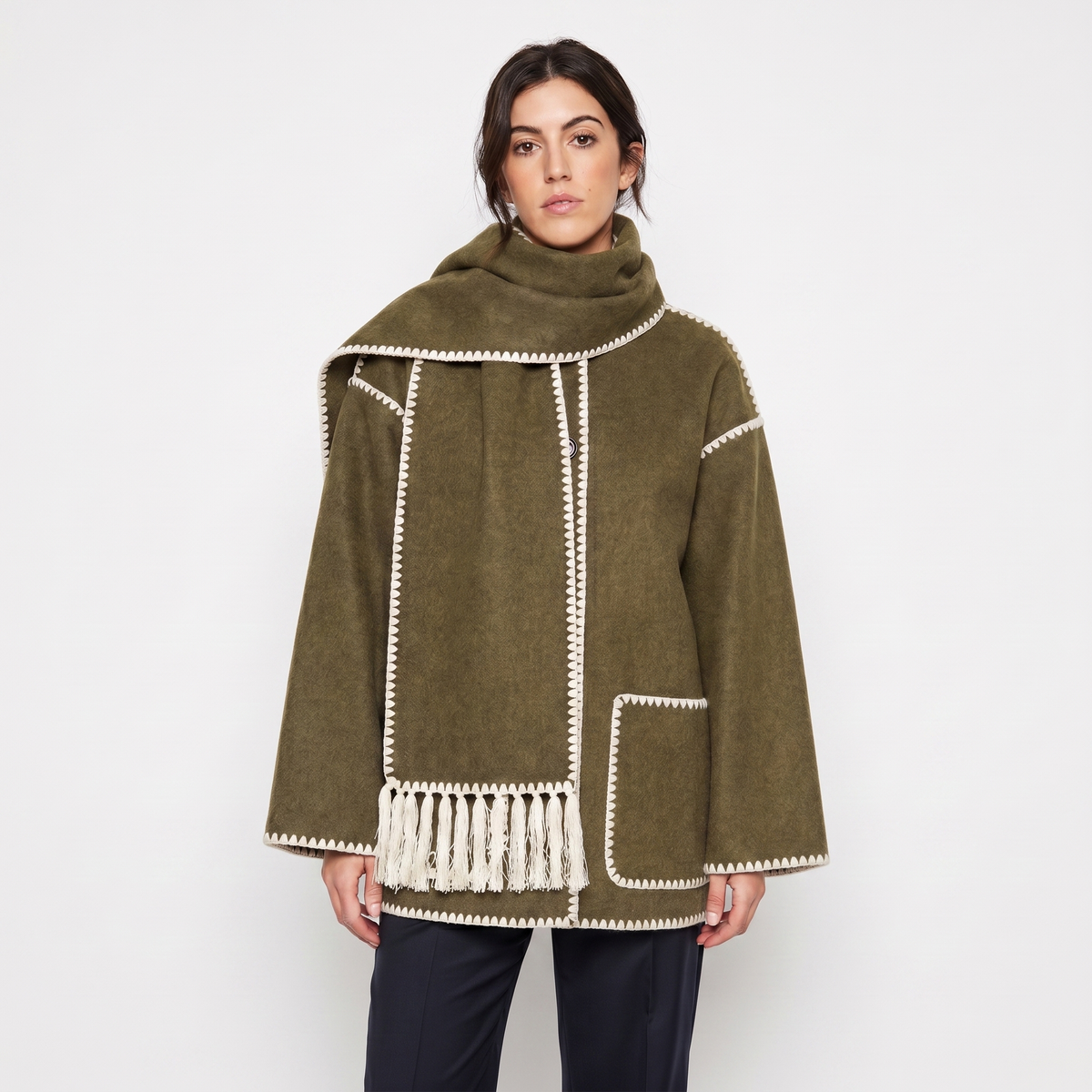 Women's Blanket Coat Wool-Look Contrast Stitch Attached Winter Scarf Tassel