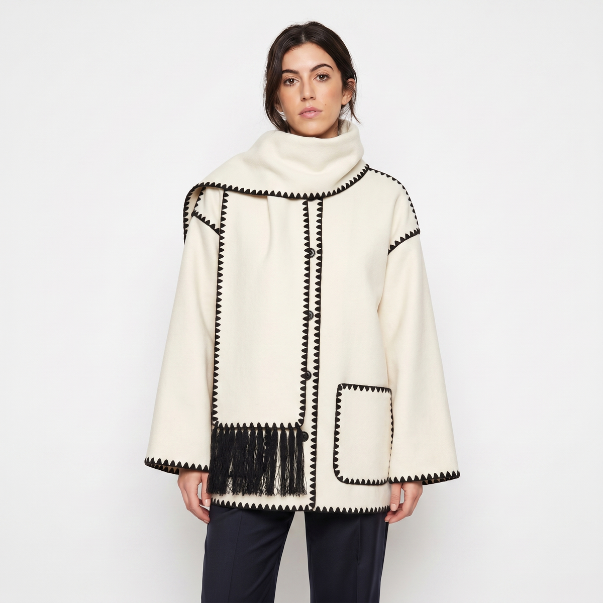 Women's Blanket Coat Wool-Look Contrast Stitch Attached Winter Scarf Tassel