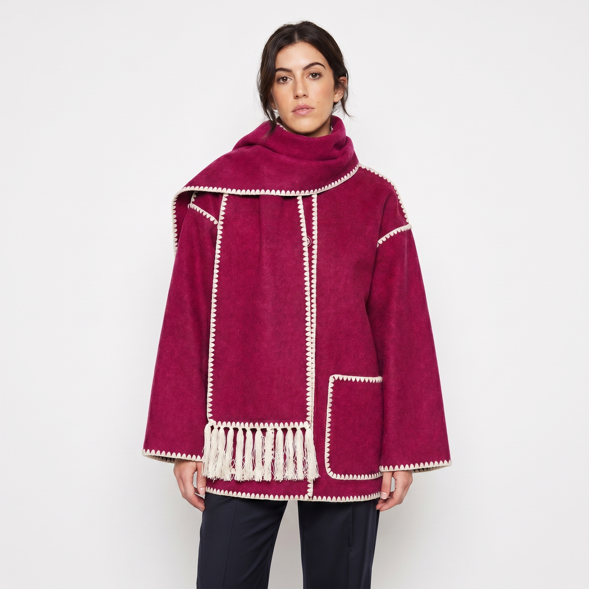 Women's Blanket Coat Wool-Look Contrast Stitch Attached Winter Scarf Tassel